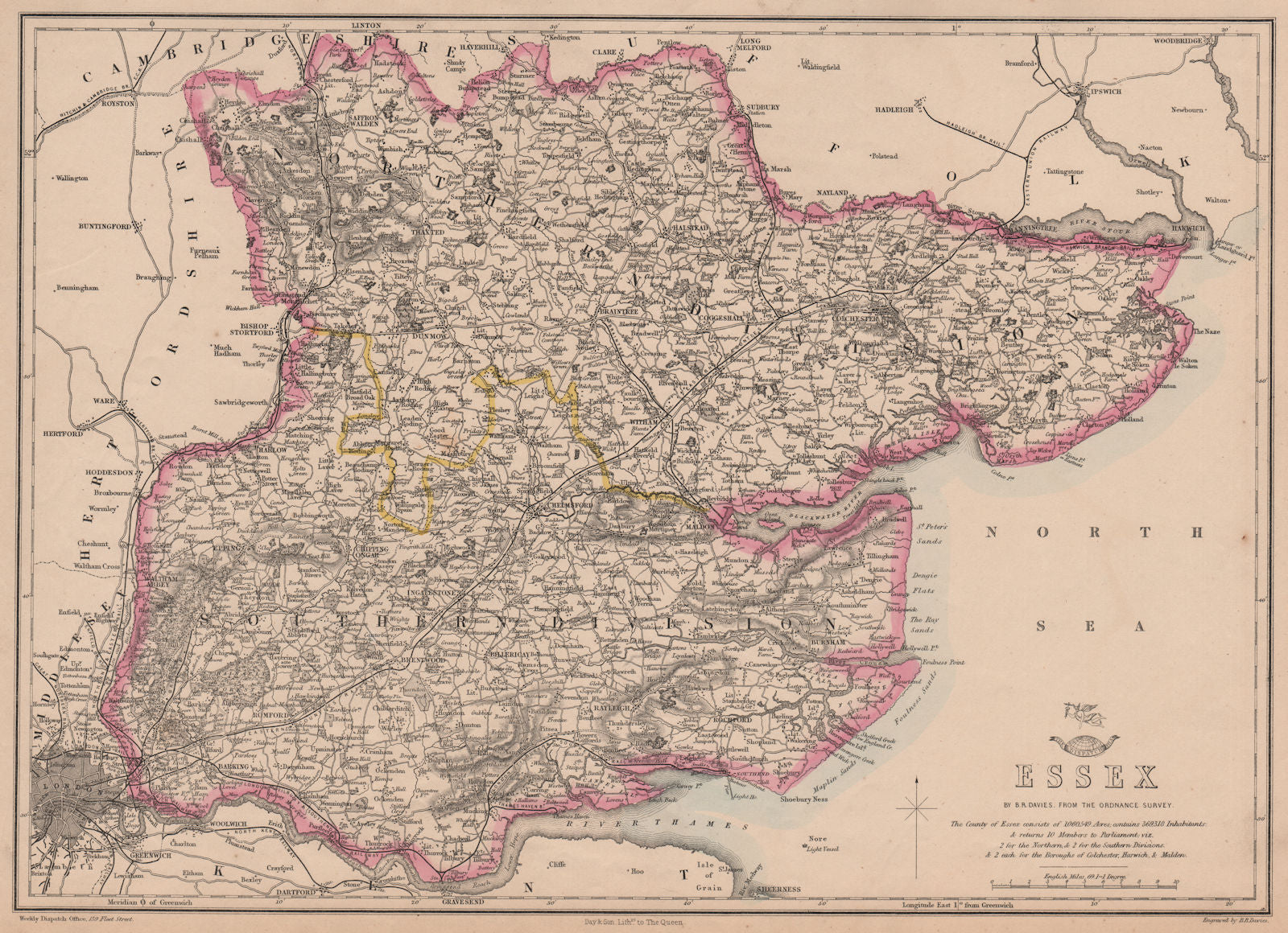 ESSEX. Antique county map. Railways. BR DAVIES 1862 old plan chart